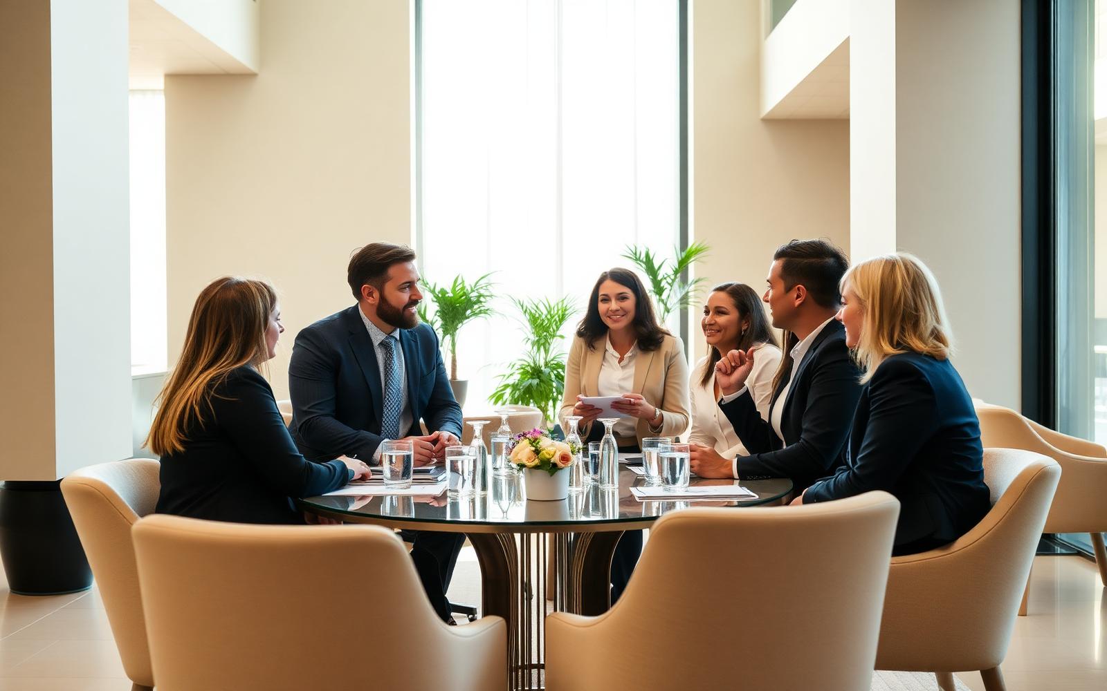Gen H team members collaborating in a bright hotel lobby